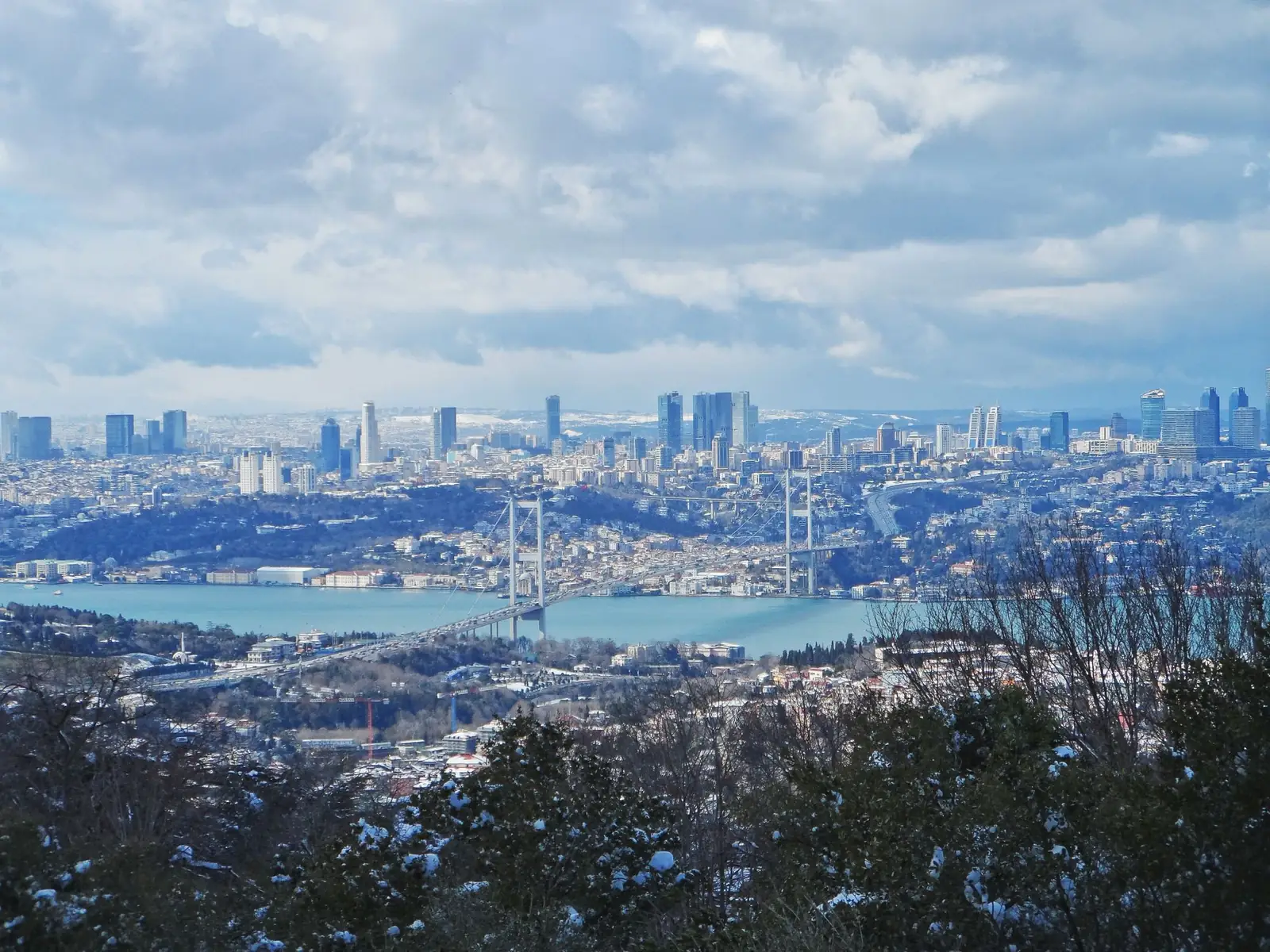 Snowy Istanbul panorama with the Bosphorus suspension bridge