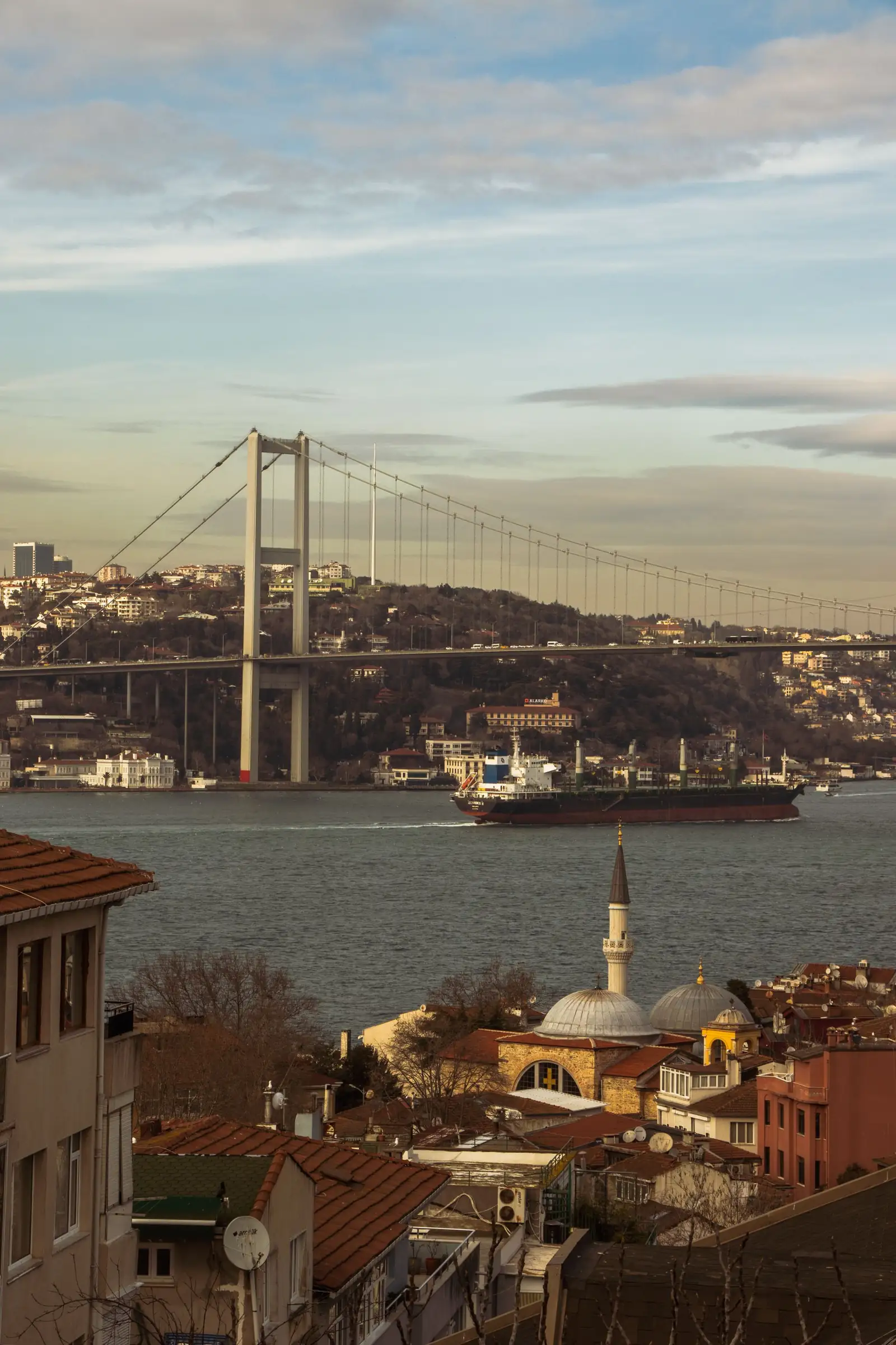 Bosphorus suspension bridge above mosque domes and neighborhood rooftops