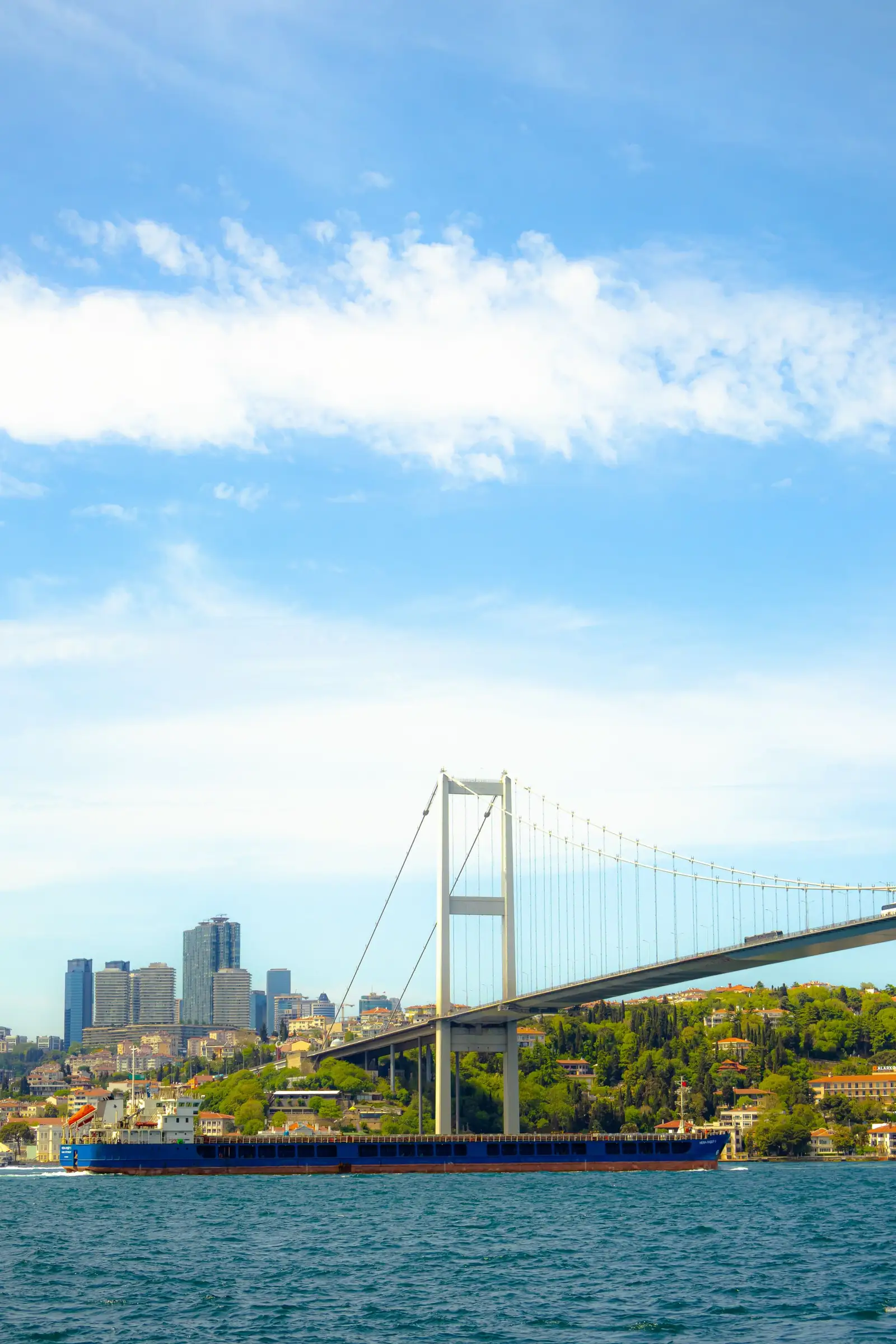 Bosphorus suspension bridge with waterfront homes and city towers